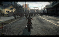 Gameplay screenshot: A high-action moment in Dead Rising 3, depicting a player riding a motorcycle through a zombie-infested urban street. A mission objective is displayed in the bottom left corner, with Russian text. Unlock your Steam key instantly at RushGame.co