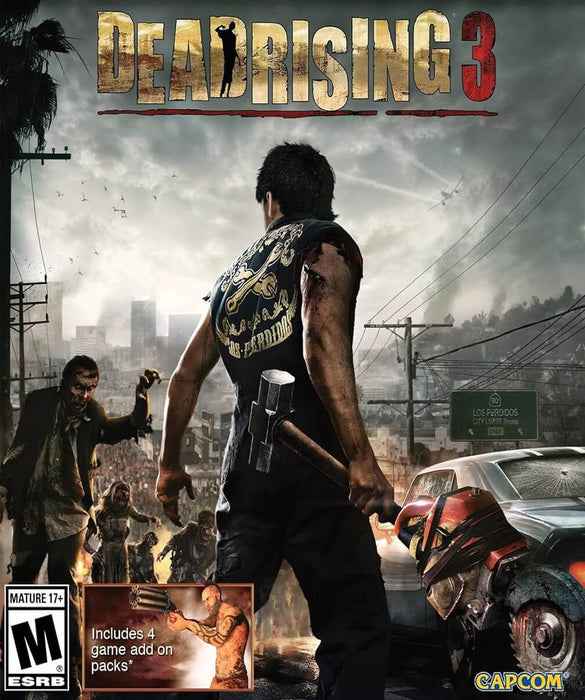 Cover art of Dead Rising 3: Apocalypse Edition for PC Steam, featuring a muscular survivor wielding a sledgehammer while standing in front of a burning cityscape filled with zombies. The title is prominently displayed at the top, with the Capcom logo in the bottom right corner. Buy the game at RushGame.co