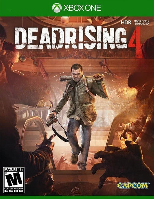 Cover art for Dead Rising 4 Xbox One, featuring Frank West fighting through a holiday-themed zombie apocalypse with his signature camera and a deadly baseball bat. Get your CD Key instantly at RushGame.co