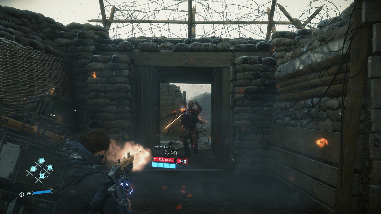 screenshot - A combat scene in Death Stranding, where Sam Porter Bridges fires a weapon at a hostile soldier inside a fortified trench. Sparks fly as bullets hit the enemy, creating an intense firefight. Secure your Death Stranding Steam CD Key at RushGame.co for instant activation.