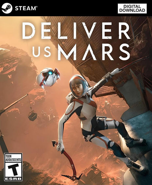 Cover art for Deliver Us Mars on PC Steam, featuring a female astronaut scaling a Mars colony structure with an ice axe, accompanied by a floating drone. Purchase your game key instantly at RushGame.co