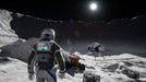 gameplay screenshot A player-controlled astronaut explores the moon’s desolate surface under a bright sun. A robotic drone hovers nearby as they approach a lunar rover, highlighting the game’s immersive sci-fi experience. Buy Deliver Us the Moon for PC on Steam at RushGame.co.