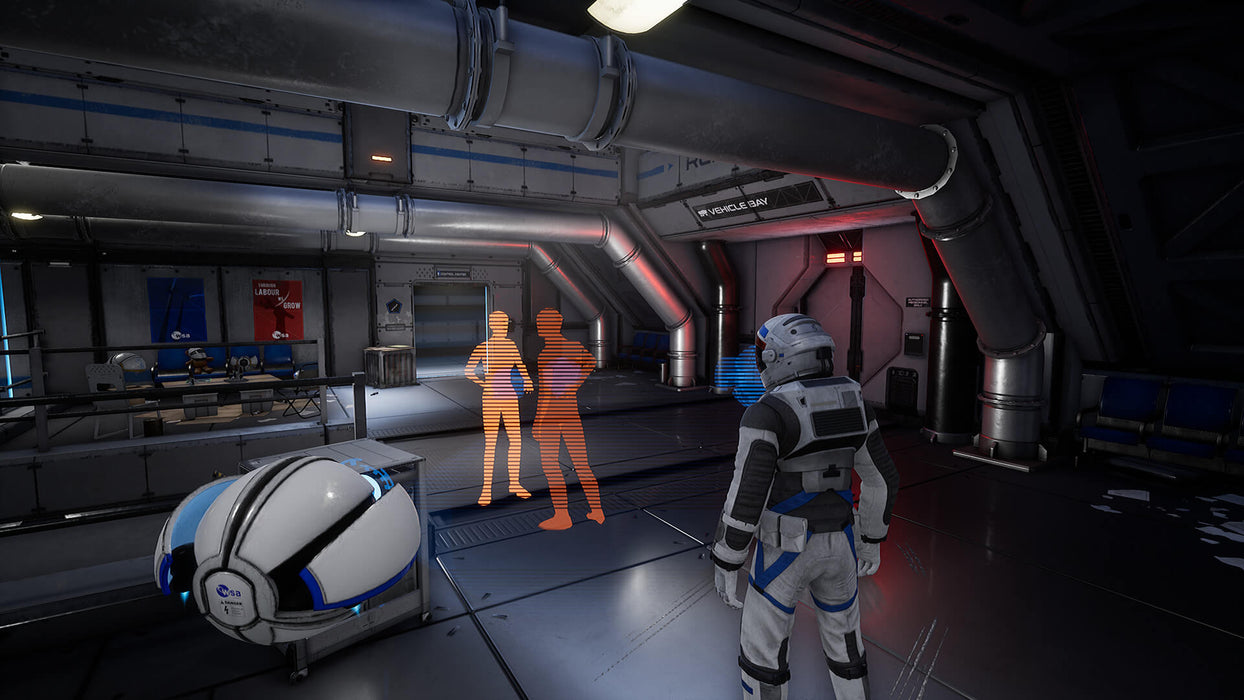 Deliver Us the Moon gameplay image  – A futuristic astronaut stands inside a high-tech space station, observing two holographic figures engaged in a discussion. A floating spherical drone accompanies the player in this atmospheric sci-fi adventure. Get Deliver Us the Moon PC Steam key instantly at RushGame.co