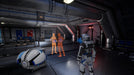 Deliver Us the Moon gameplay image  – A futuristic astronaut stands inside a high-tech space station, observing two holographic figures engaged in a discussion. A floating spherical drone accompanies the player in this atmospheric sci-fi adventure. Get Deliver Us the Moon PC Steam key instantly at RushGame.co