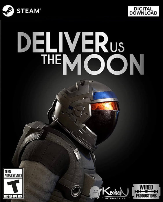 Deliver Us the Moon Steam cover – The cover art for Deliver Us the Moon on PC Steam, featuring an astronaut in a futuristic space suit with a reflective visor. The game title is prominently displayed above, with a dark, mysterious background. Available as a digital download at RushGame.co