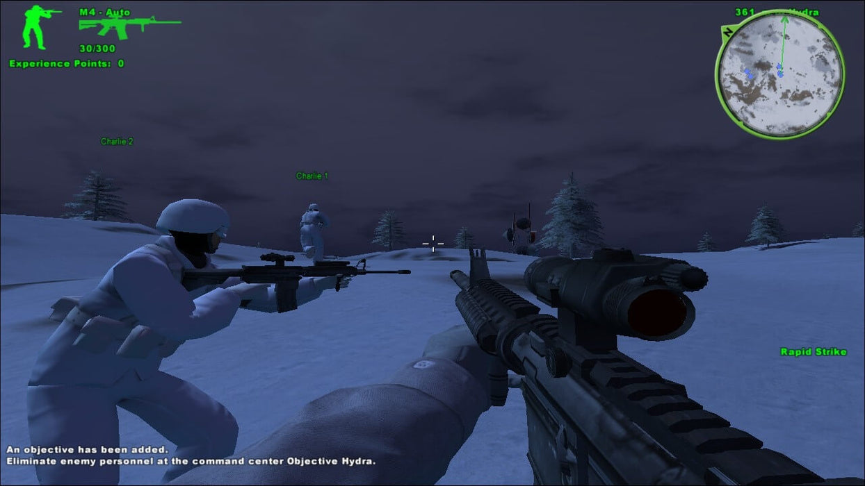 A first-person perspective screenshot from Delta Force: Xtreme showing a snowy battlefield at night. Players in white camouflage are armed with sniper rifles, preparing for an engagement. The on-screen HUD displays weapon and mission details, enhancing the tactical shooter experience. Available on RushGame.co as a digital Steam key