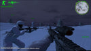 A first-person perspective screenshot from Delta Force: Xtreme showing a snowy battlefield at night. Players in white camouflage are armed with sniper rifles, preparing for an engagement. The on-screen HUD displays weapon and mission details, enhancing the tactical shooter experience. Available on RushGame.co as a digital Steam key