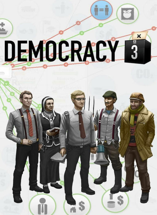 The cover art for Democracy 3 featuring various political characters, including a businessman, a religious figure, and a laborer. The game’s title is prominently displayed at the top. Available at RushGame.co