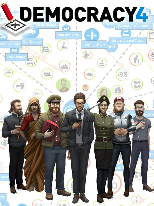 Democracy 4 cover art featuring a diverse group of citizens, each representing different political ideologies. The background highlights economic and social policy interactions. Get your Democracy 4 PC GOG CD Key instantly at RushGame.co