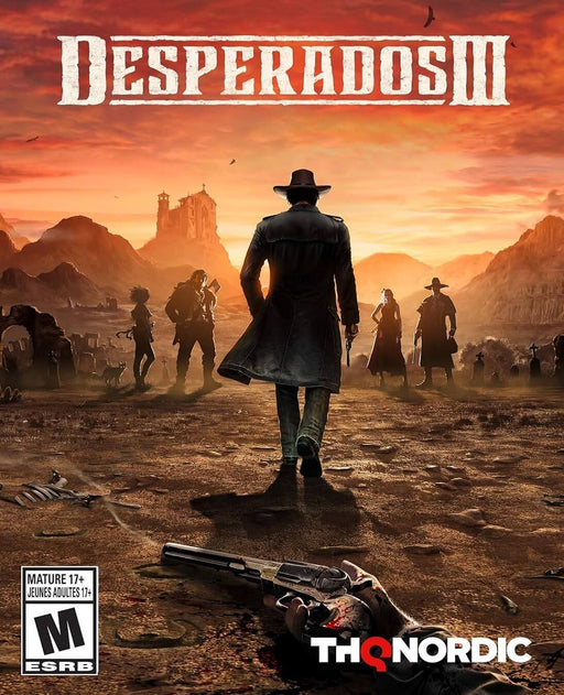 Cover art for Desperados III PC Steam CD Key, featuring a lone gunslinger in a long coat and hat walking towards a group of armed figures against the backdrop of a fiery Wild West sunset. A bloodied revolver lies in the foreground. Available at RushGame.co