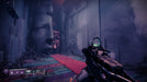 gameplay screenshot: A dark, eerie environment in Destiny 2, featuring an ominous wall adorned with large, sculpted faces. A player wields an exotic weapon with glowing green accents, preparing to enter a mysterious chamber. Get your Destiny 2 expansions at RushGame.co