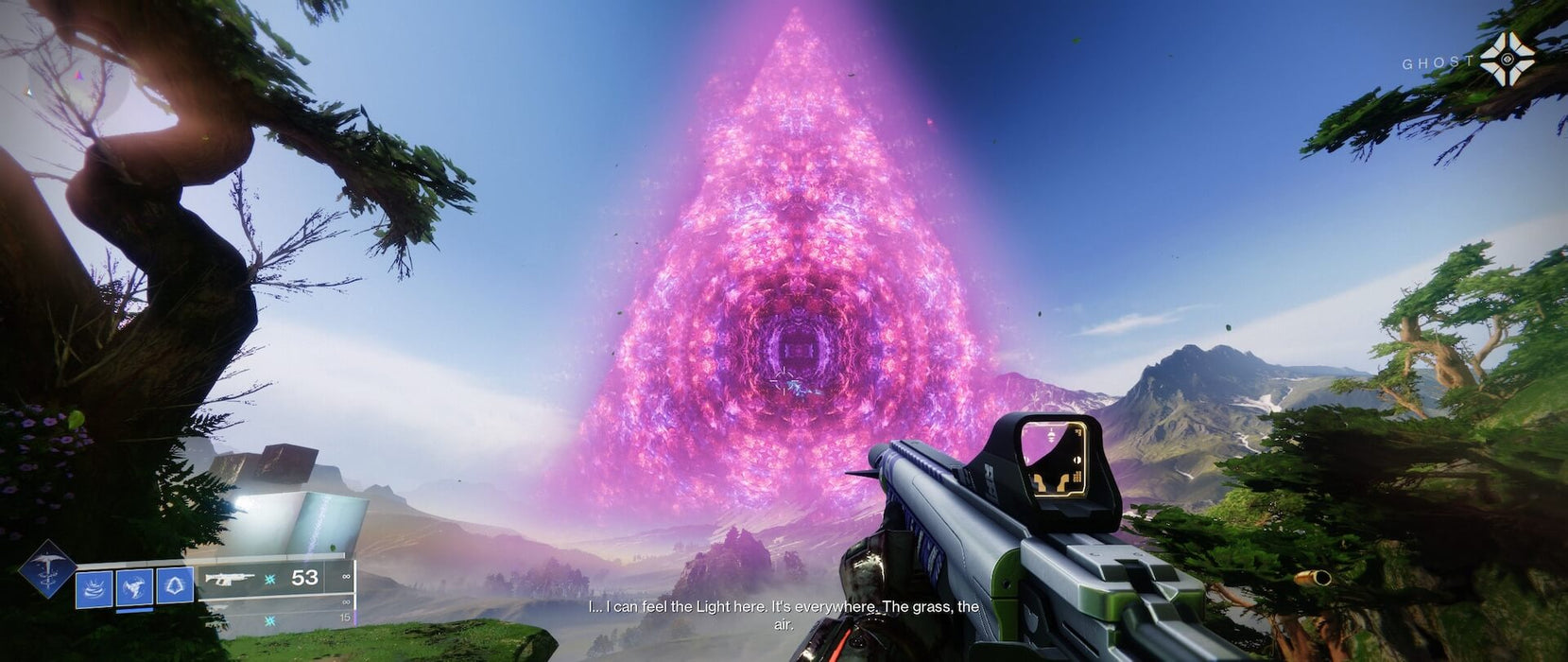 Gameplay screenshot: A surreal and breathtaking visual from Destiny 2, where a massive, glowing pink portal hovers in the sky above a vibrant landscape. A player, holding a futuristic rifle, gazes at the anomaly. Purchase Destiny 2: Bungie 30th Anniversary Pack DLC at RushGame.co