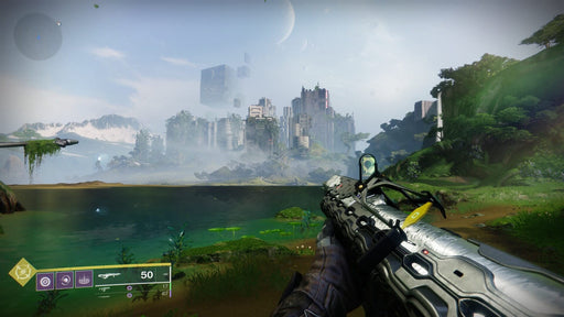 gameplay screenshot - A Guardian in Destiny 2 stands on a lush green planet, aiming a futuristic rifle towards a mist-covered city with towering, overgrown buildings and floating structures. The HUD displays the player's weapon and abilities. Buy Destiny 2 game keys at RushGame.co