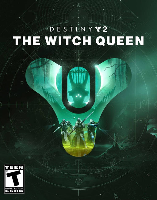 Cover art for Destiny 2: The Witch Queen, featuring the ominous figure of Savathûn in a glowing green background. Three heavily armed Guardians stand ready for battle, symbolizing the fight against the Hive god of cunning. Secure your copy today at RushGame.co