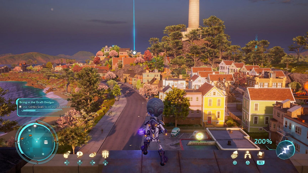 Open-world gameplay in Destroy All Humans! 2 Reprobed. Crypto surveys a peaceful suburban town from an elevated position, ready to complete a mission objective. The vibrant, retro-futuristic setting is filled with greenery and colorful houses under a scenic dusk sky. Explore the world of Destroy All Humans! 2 Reprobed with a Steam key from RushGame.co