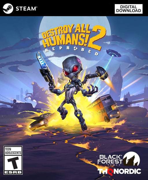 Cover art of Destroy All Humans! 2 Reprobed for PC on Steam. The iconic alien Crypto stands triumphantly in a fiery urban landscape, dual-wielding powerful alien weapons. The background features London’s skyline, a crashing double-decker bus, and an enormous shadowy monster. Get your Destroy All Humans! 2 Reprobed Steam key now at RushGame.co