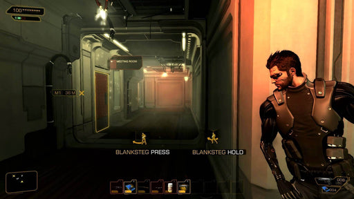 Deus Ex: Human Revolution stealth mode gameplay – A tense stealth gameplay moment from Deus Ex: Human Revolution - Director's Cut, featuring Adam Jensen hiding behind a wall, planning his next move. The cyberpunk-inspired environment is bathed in golden lighting, enhancing the immersive atmosphere. Get your GOG game key instantly at RushGame.co