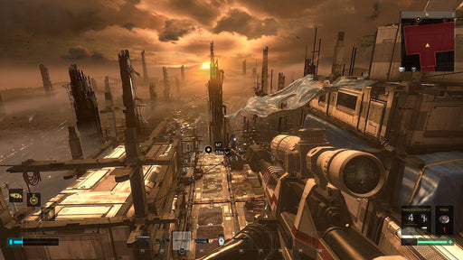 Deus Ex: Mankind Divided - Gameplay screenshot of Sniper View in a Dystopian City
A first-person perspective of Adam Jensen aiming a tranquilizer rifle from a high vantage point in a futuristic dystopian city during sunset. Get your Deus Ex: Mankind Divided - Digital Deluxe Edition CD key for GOG at RushGame.co and experience tactical gameplay