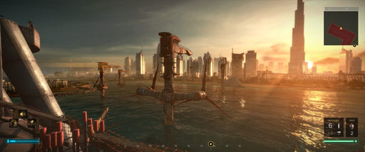 Gameplay screenshot - A breathtaking view of a futuristic cityscape at sunset in Deus Ex: Mankind Divided, featuring towering skyscrapers and industrial structures over the water. Enhance your cyberpunk experience with a GOG CD key from RushGame.co