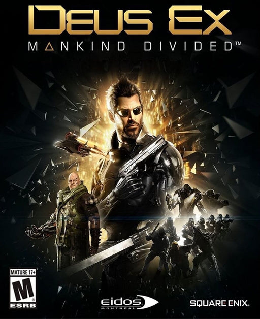 The cover art for Deus Ex: Mankind Divided for PC (GOG), featuring Adam Jensen in an action pose with cybernetic enhancements and a golden explosion behind him. Purchase your game key instantly at RushGame.co