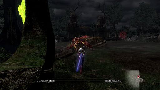 Gameplay screenshot - A dark fantasy setting in Devil May Cry 4: Special Edition featuring a character wielding a glowing blue sword, approaching a red demonic creature in a ruined gothic landscape. Purchase the Devil May Cry 4: Special Edition PC Steam CD Key at RushGame.co