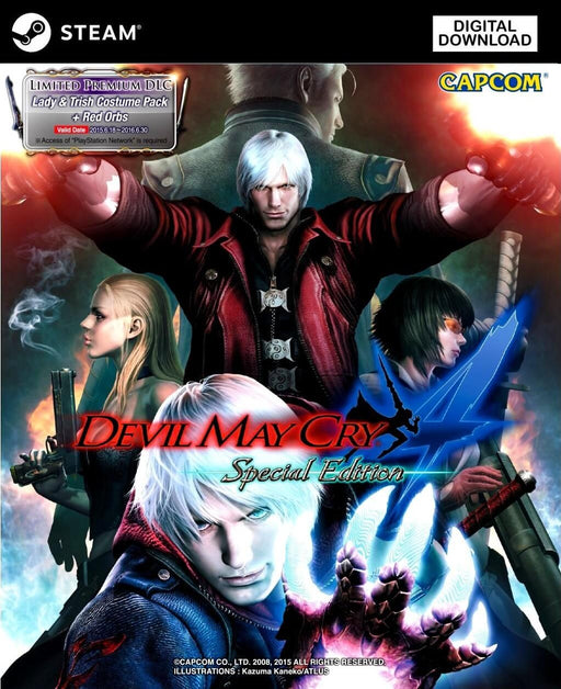 The cover of Devil May Cry 4: Special Edition for Steam, featuring Dante, Nero, and other characters in an action-packed pose. The artwork showcases stylish combat with fiery effects. Get the Devil May Cry 4: Special Edition PC Steam CD Key at RushGame.co