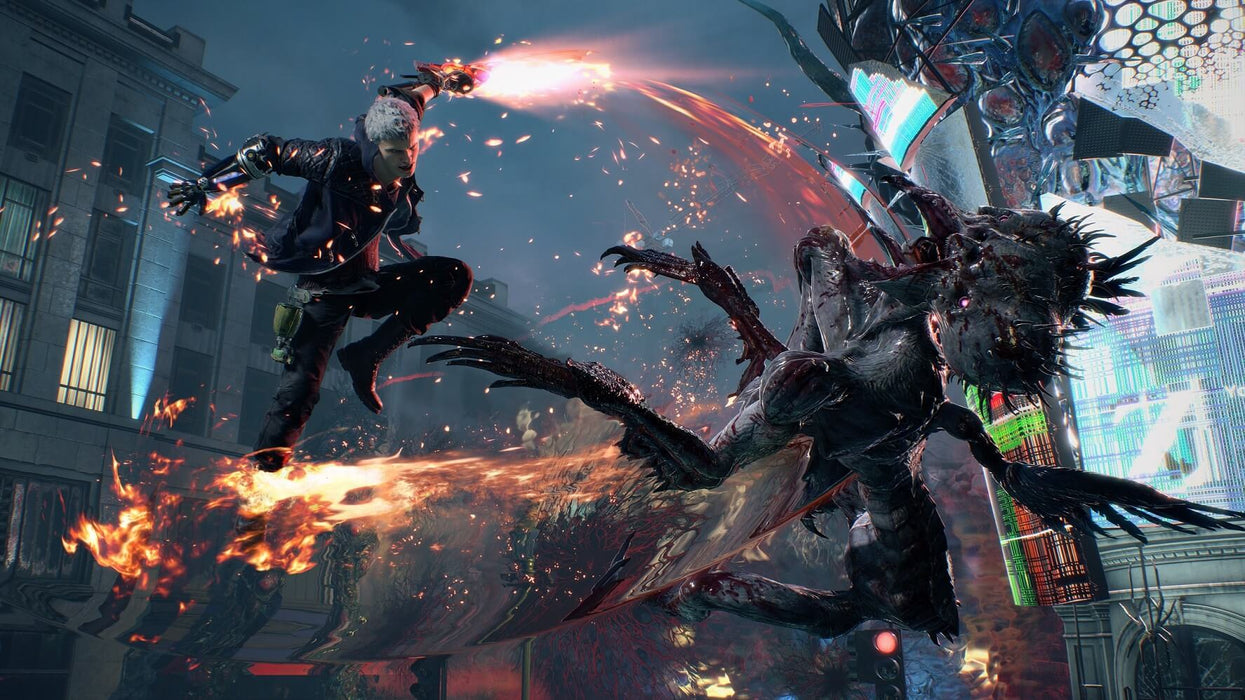 A game screenshot of High-action combat in Devil May Cry 5: Deluxe Edition for Xbox One and Series X|S, showing Nero using his Devil Breaker arm against a monstrous foe. Secure your digital key at RushGame.co now