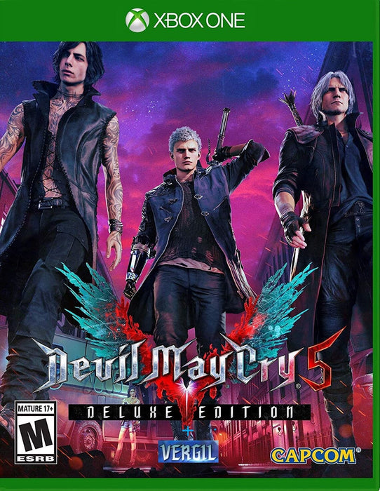 Cover art of Devil May Cry 5: Deluxe Edition + Vergil DLC for Xbox One and Series X|S, featuring Nero, Dante, and V standing against a dark city backdrop. Buy your digital key now at RushGame.co and join the demon hunt