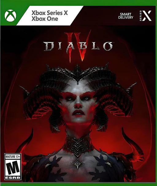 The cover art for Diablo IV on Xbox One & Series X|S, featuring Lilith, the demonic queen, with her piercing red eyes and ominous horns. The dark and fiery background sets the tone for an epic battle between good and evil. Buy your Diablo IV CD Key now at RushGame.co for instant digital delivery