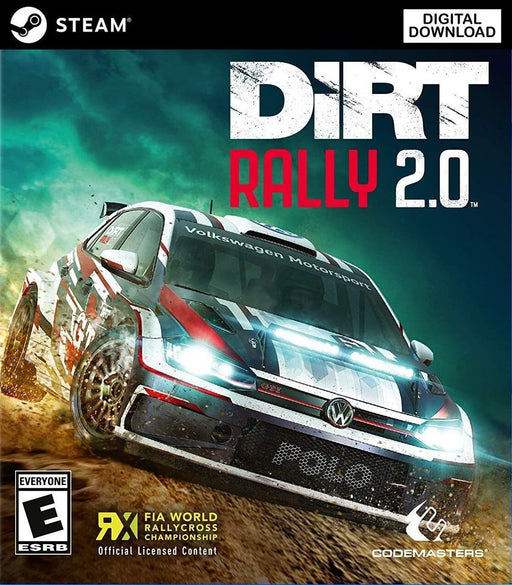 Cover art for DiRT Rally 2.0 on PC Steam, featuring a Volkswagen Polo GTI R5 rally car racing through a rugged dirt track with headlights illuminating the dust. Get your digital game key instantly at RushGame.co