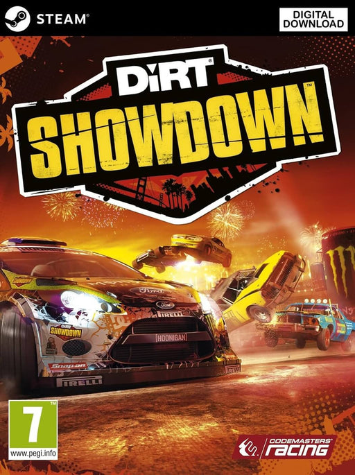 Cover art of DiRT Showdown for PC Steam, featuring high-speed action with a detailed Ford rally car in a demolition derby setting. Fireworks and destruction dominate the background, emphasizing the intense arcade racing experience. Available at RushGame.co