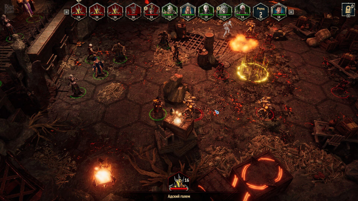 Gameplay screenshot - Tactical battle in Disciples: Liberation on PC Steam, set in a dungeon environment with multiple heroes and enemies engaged in strategic combat. Fiery explosions and powerful attacks shape the battle. Purchase the Steam key now at RushGame.co