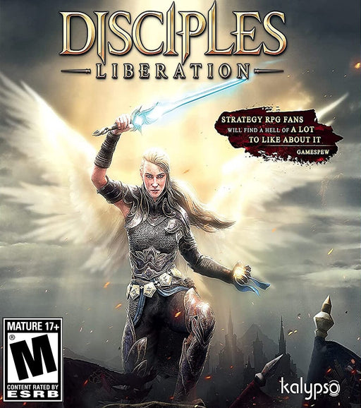 Cover art for Disciples: Liberation on PC Steam, featuring a fierce female warrior with angelic wings, wielding a glowing blue sword against a dramatic fantasy backdrop. Available as a digital key at RushGame.co