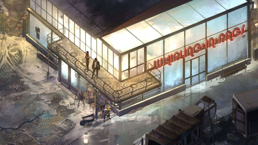 Gameplay screenshot - A top-down view of the 'Whirling-in-Rags' hotel in Disco Elysium - The Final Cut, with two characters standing on a balcony overlooking the snowy streets of Revachol. Purchase your GOG CD key now at RushGame.co