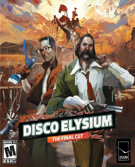 Official cover art for Disco Elysium - The Final Cut for PC (GOG), featuring a stylized illustration of two main characters, Harry Du Bois and Kim Kitsuragi, against a vibrant city backdrop. Available as a digital key at RushGame.co