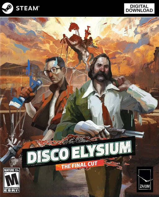 The artwork for Disco Elysium - The Final Cut, featuring detectives Harry Du Bois and Kim Kitsuragi against a surreal painted cityscape. Unlock this award-winning RPG with a PC Steam/GOG CD Key at RushGame.co