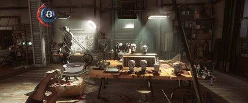 In-game screenshot from Dishonored 2 on PC Steam, showing a mysterious workshop filled with mechanical devices and eerie human skulls under dim lighting. Explore the dark and atmospheric world of Dishonored 2 with a digital key from RushGame.co