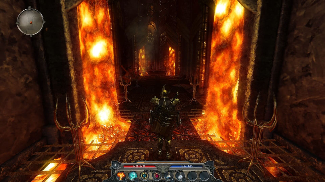 Gameplay screenshot - A dark, fiery dungeon scene from Divinity II: Developer's Cut on PC GOG, where the player enters a menacing chamber with lava and gothic architecture. Buy your Divinity II CD key at RushGame.co and delve into intense RPG combat and exploration