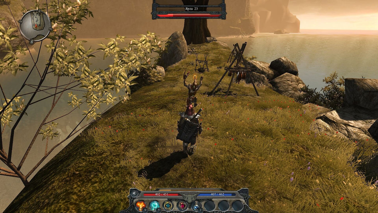 Gameplay screenshot from Divinity II: Developer's Cut on PC GOG, showing a warrior confronting an enemy in a lush riverside area with a campfire and drying meat. Explore Rivellon's vast open world with a Divinity II CD key from RushGame.co