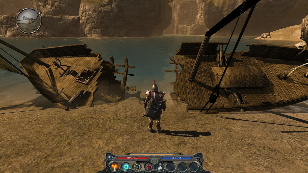 Gameplay screen - A knight standing before the wreckage of a sunken wooden ship in Divinity II: Developer's Cut on PC GOG. Uncover secrets and engage in thrilling RPG battles by purchasing a Divinity II CD key at RushGame.co