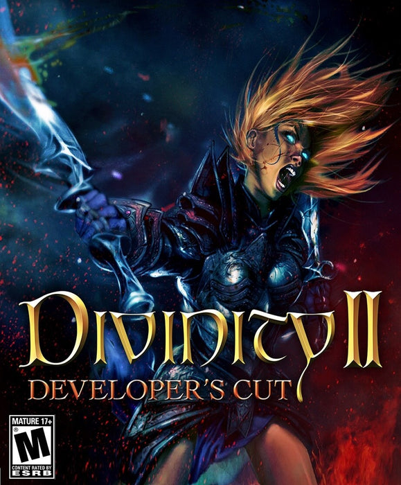 Cover art of Divinity II: Developer's Cut for PC GOG, featuring a fierce warrior with glowing blue eyes and a magical sword. Get your Divinity II Developer's Cut PC CD key at RushGame.co and embark on an epic RPG adventure