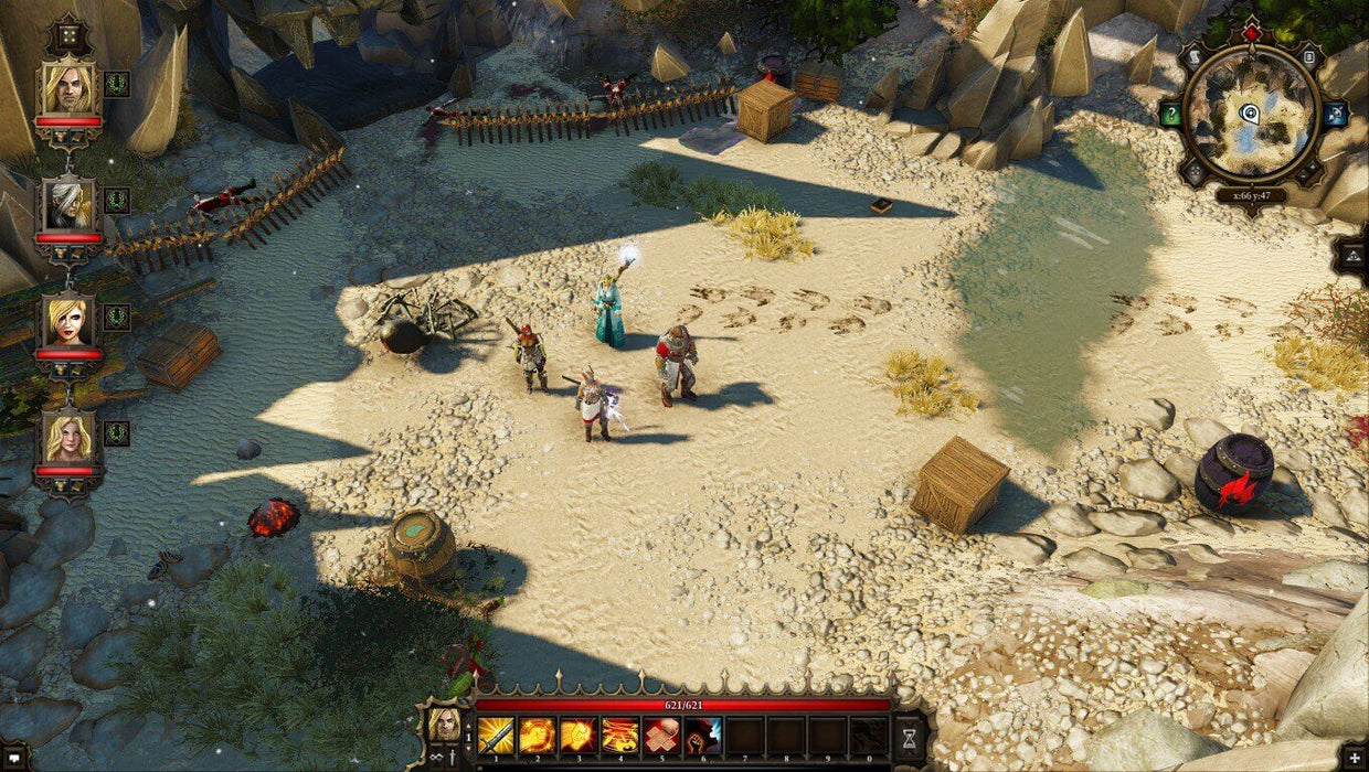 Divinity: Original Sin 1 gameplay screenshot – A tactical RPG battle set in a sunlit desert environment. A party of four adventurers, including a mage and a warrior, face enemies on a sandy battlefield with defensive barricades and scattered debris. Available as a GOG CD key at RushGame.co