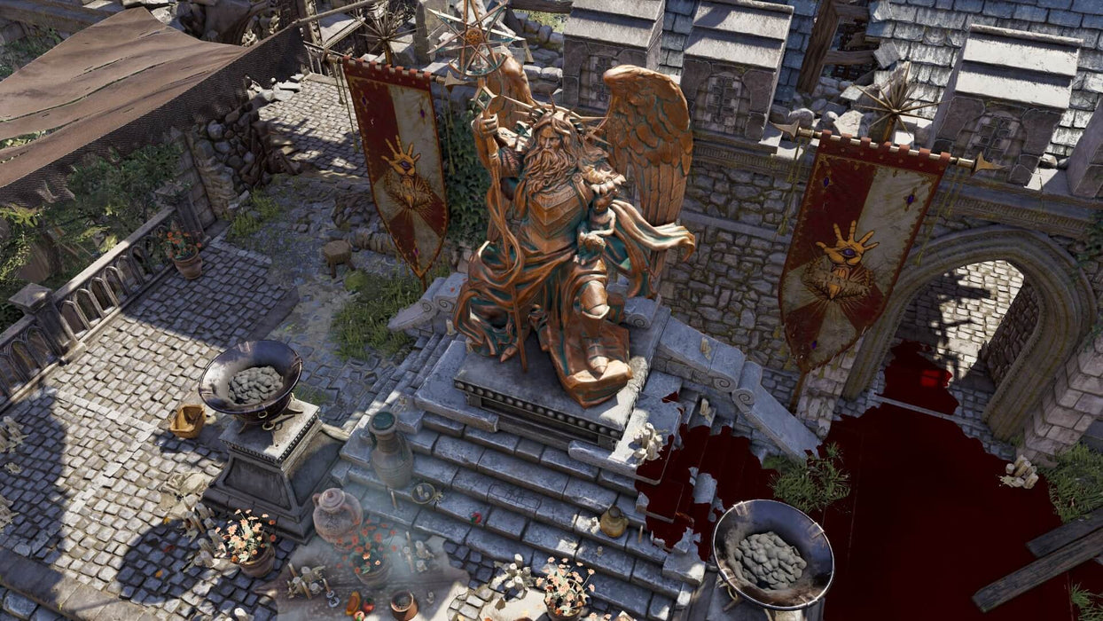 Divinity: Original Sin 2 gameplay screenshot – City Square Statue – A grand bronze statue of a winged warrior in an ancient city square, surrounded by banners, bloodstains, and medieval architecture. The environment suggests a setting of power and conflict. Available as a GOG CD key at RushGame.co