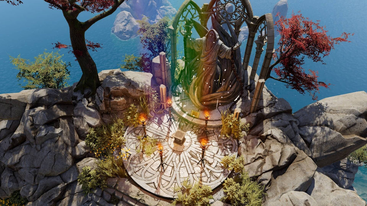 Divinity: Original Sin 2 gameplay screenshot – Sacred Statue – A stunning in-game location featuring a mystical stone statue surrounded by a glowing magical aura, candles, and a circular rune-engraved platform. The background reveals a scenic coastal cliffside. Available as a GOG CD key at RushGame.co