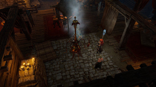 Divinity: Original Sin 2 PC GOG CD Key game Screenshot – A dark, rustic interior scene from Divinity: Original Sin 2, featuring a mystical-looking character standing beside a magical contraption emitting a bluish glow. The room is dimly lit with wooden beams and hanging fabrics, creating an immersive RPG atmosphere. Get your GOG key now at RushGame.co