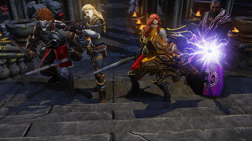 Combat scene from Divinity: Original Sin Enhanced Edition – A battle-ready party of adventurers stands in a darkened dungeon, preparing for an intense fight. The group includes a warrior, mage, and archer, each armed with unique weapons and magical abilities. Experience tactical turn-based combat in this enhanced edition, available at RushGame.co