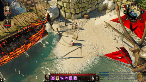 gameplay screenshot - A burning shipwreck on a beach in Divinity: Original Sin Enhanced Edition, with players investigating the remains. Experience this RPG by purchasing a digital key from RushGame.co