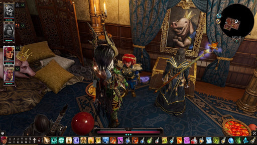 Gameplay screen - A richly decorated room in Divinity: Original Sin - The Source Saga, featuring fantasy characters and a portrait of a pig with a crown. Secure your digital key instantly at RushGame.co