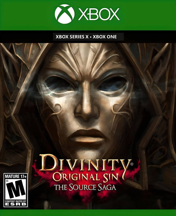 The cover art for Divinity: Original Sin - The Source Saga Xbox One / Xbox Series X|S CD Key, featuring a haunting statue mask. Buy your digital key now at RushGame.co