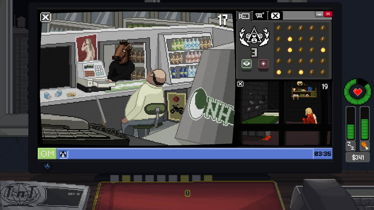 A gameplay image of Do Not Feed the Monkeys, showing a live surveillance feed of a convenience store where a cashier with a horse mask serves a customer. Multiple camera feeds are displayed on the interface. Get your Steam key instantly at RushGame.co